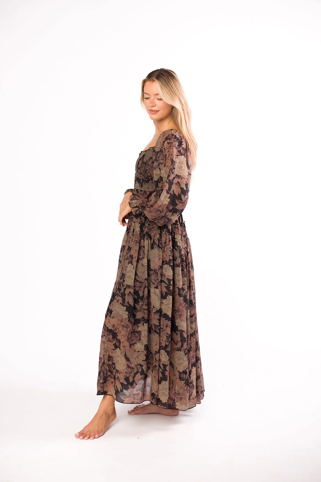 Blaine Smocked Maxi Dress in Black Floral - Image 3