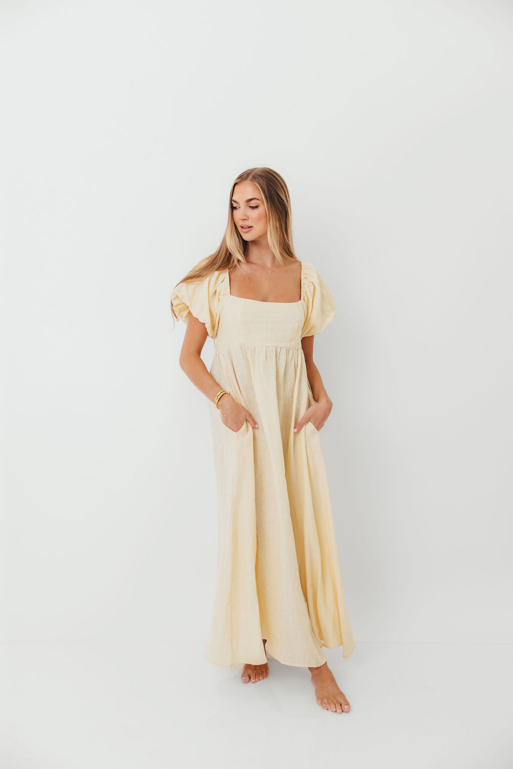 Candace Woven 100% Linen Maxi Dress in Soft Yellow - Bump Friendly - Image 2
