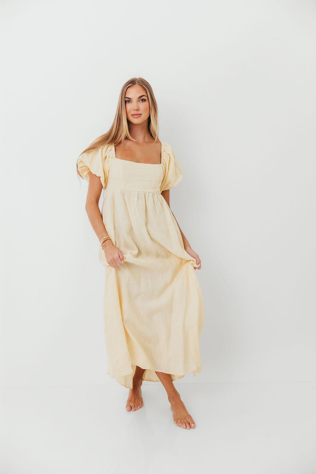 Candace Woven 100% Linen Maxi Dress in Soft Yellow - Bump Friendly - Image 4