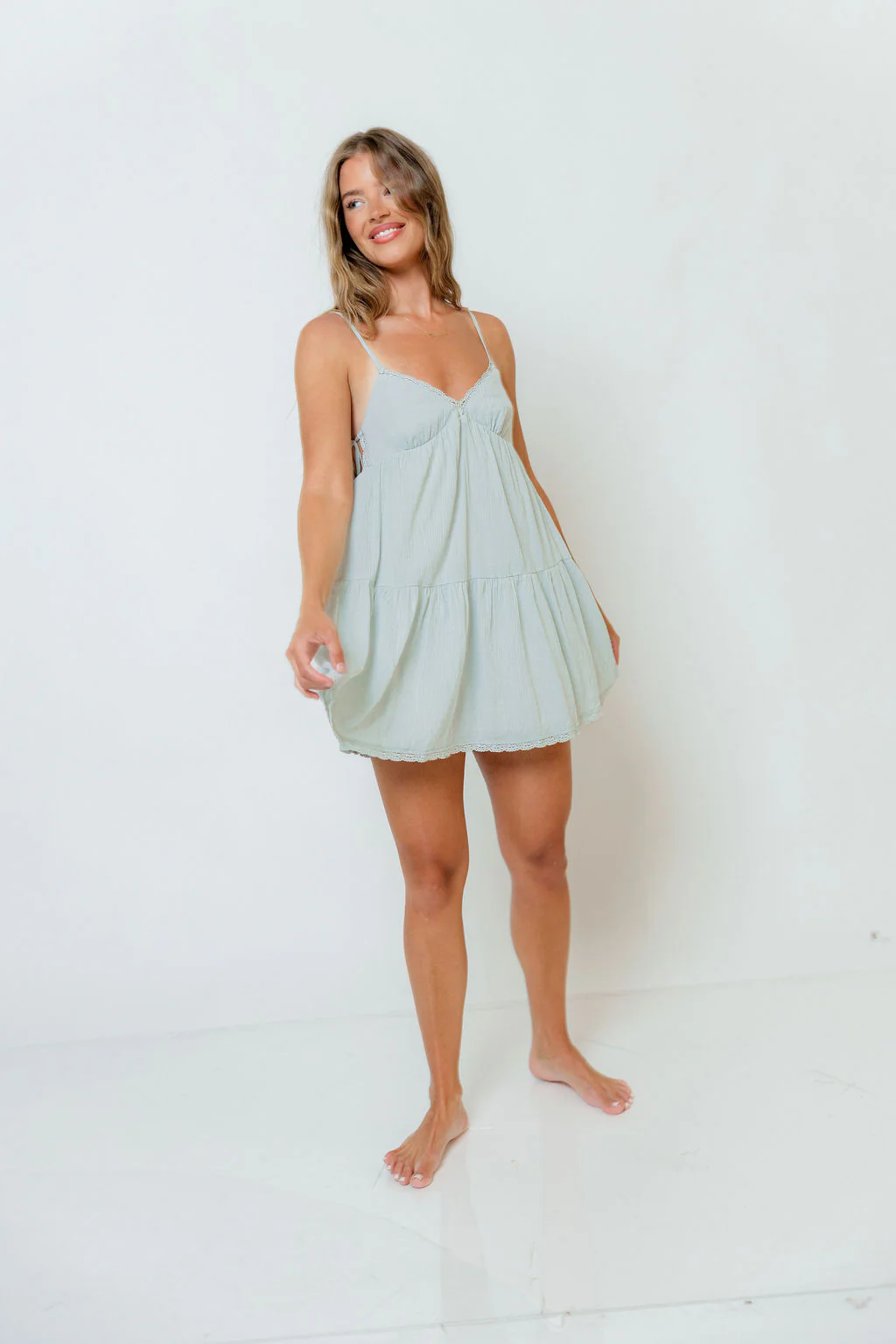 Viola 100% Cotton Mini Dress in Pastel Jade - Image 3