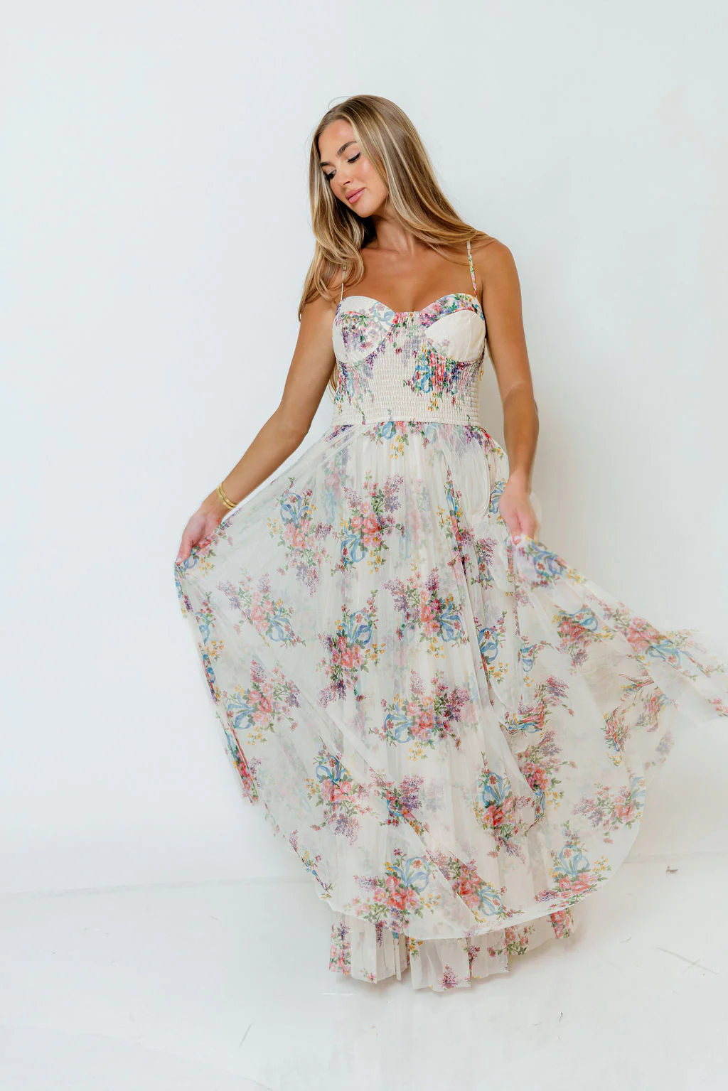 Melissa Pleated Floral Tulle Maxi Dress in Ivory Multi - Image 2
