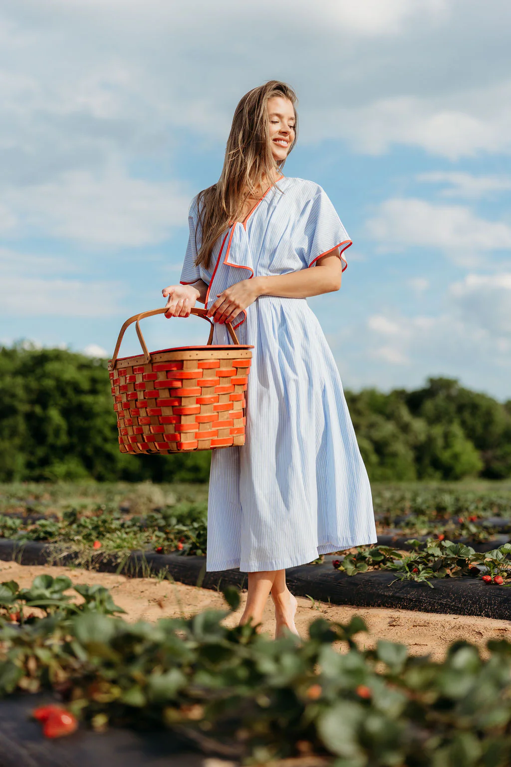 Delphine Midi Dress in Sky/Tomato - Image 10
