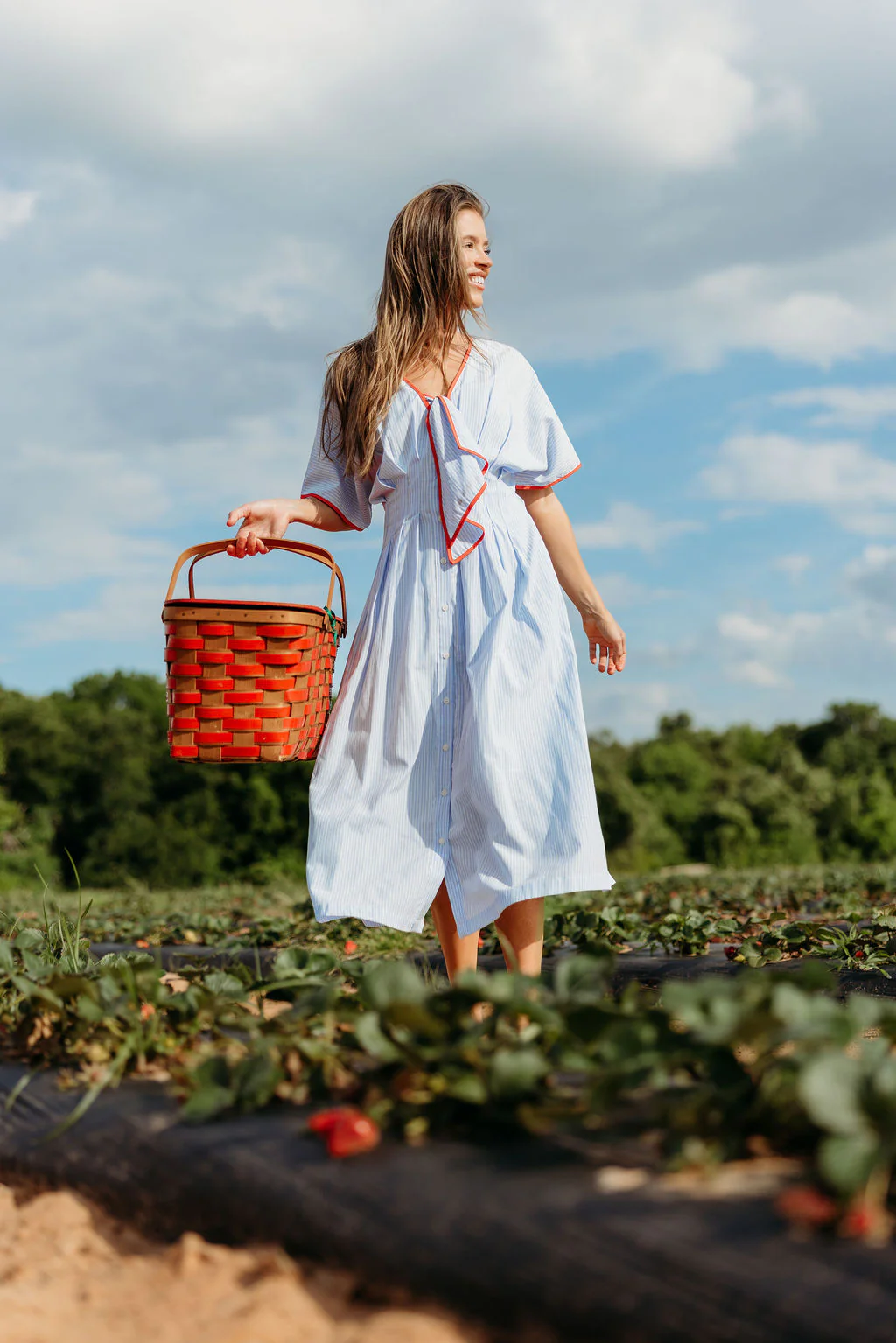Delphine Midi Dress in Sky/Tomato - Image 12