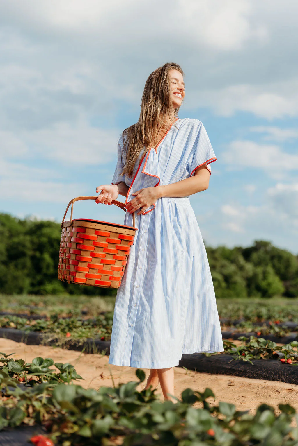 Delphine Midi Dress in Sky/Tomato - Image 4