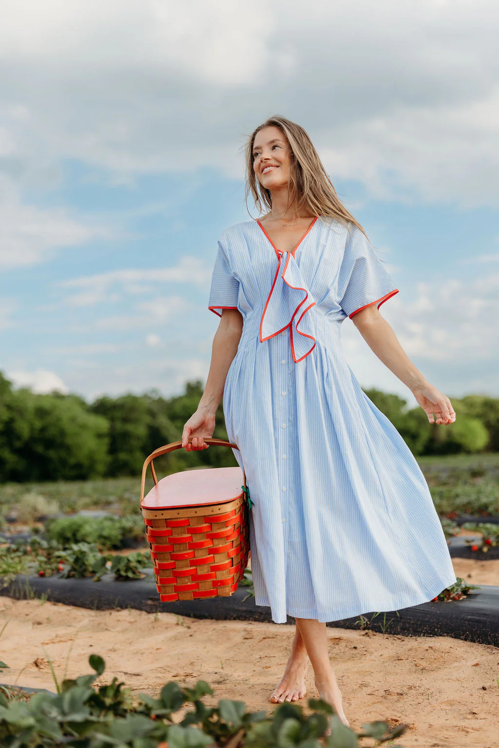 Delphine Midi Dress in Sky/Tomato - Image 5