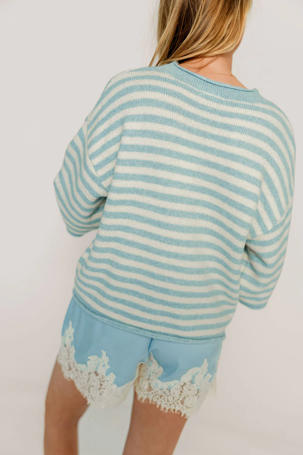 Imogen Striped 3/4 Sleeve Cardigan Top in Light Blue Ivory - Image 10