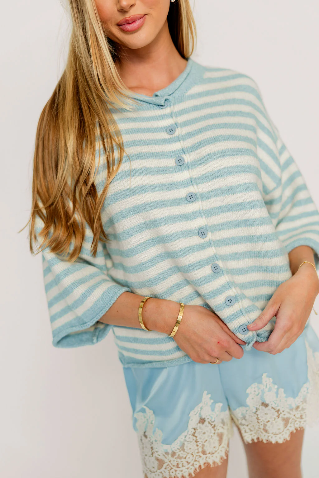 Imogen Striped 3/4 Sleeve Cardigan Top in Light Blue Ivory - Image 6