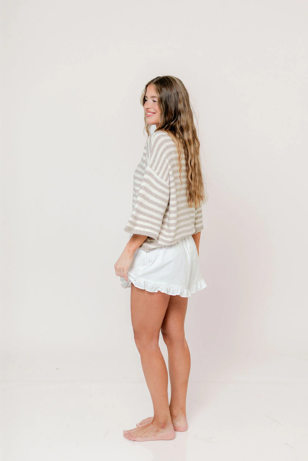 Imogen Striped 3/4 Sleeve Cardigan Top in Taupe Cream - Image 10