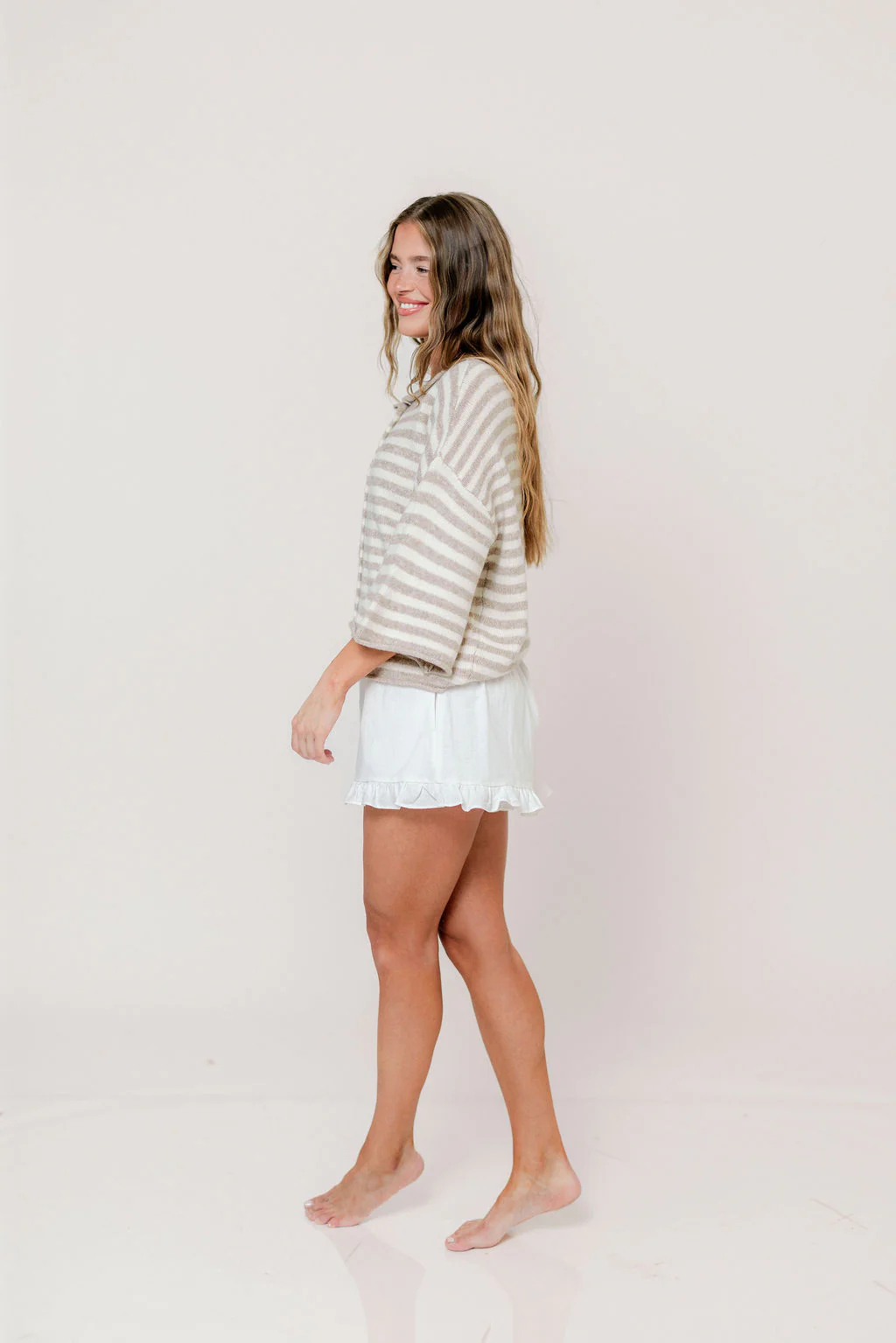 Imogen Striped 3/4 Sleeve Cardigan Top in Taupe Cream - Image 11