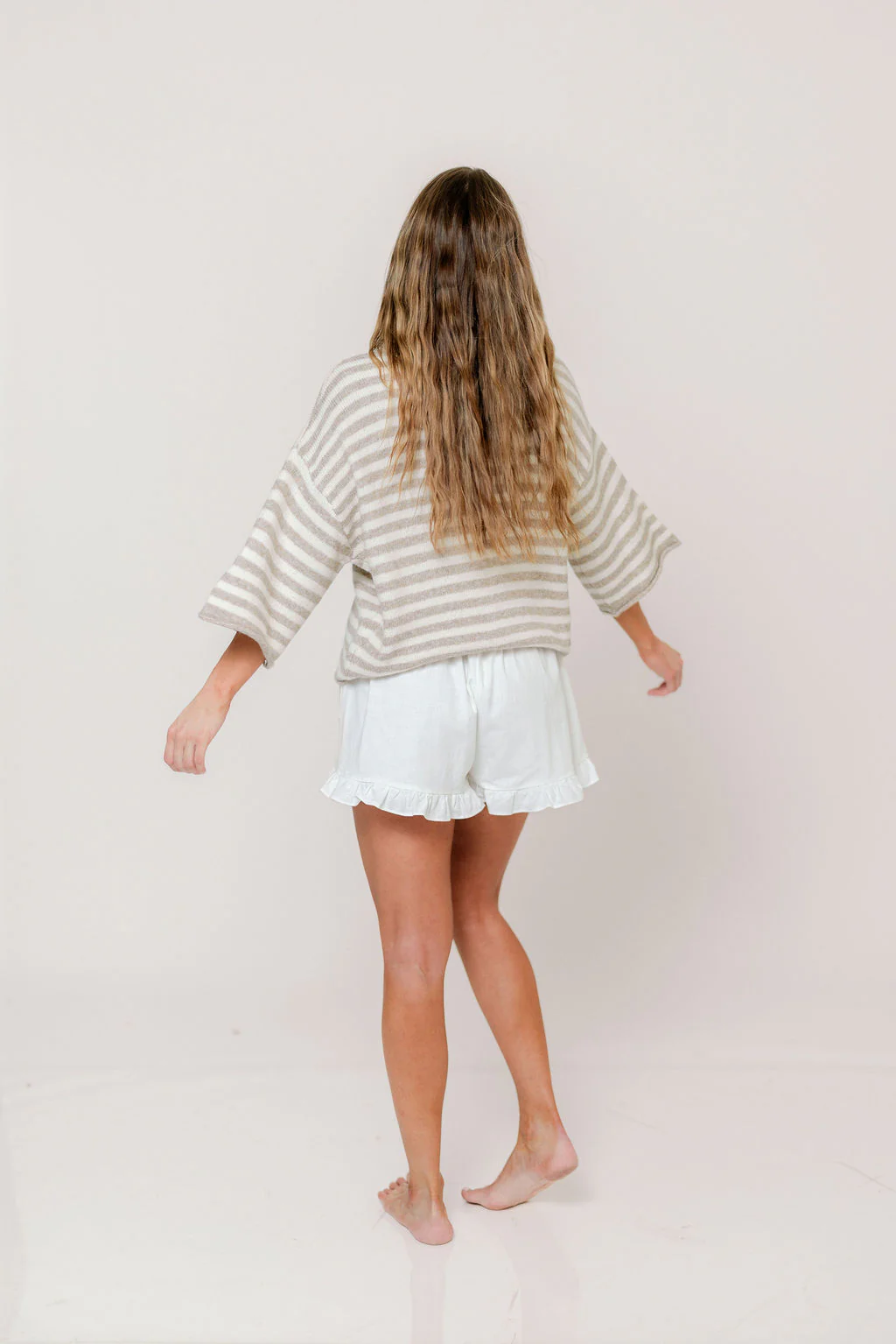 Imogen Striped 3/4 Sleeve Cardigan Top in Taupe Cream - Image 12