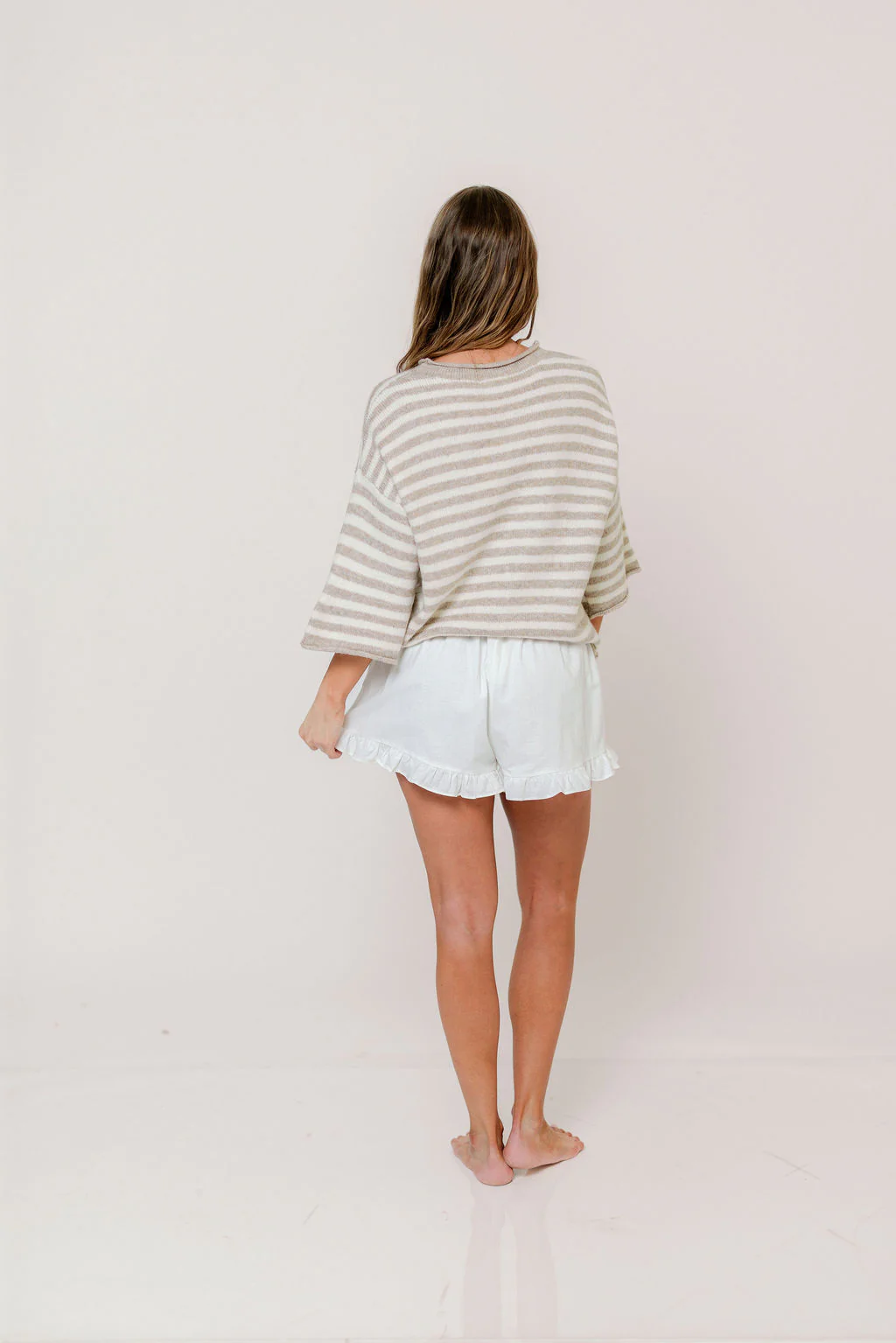 Imogen Striped 3/4 Sleeve Cardigan Top in Taupe Cream - Image 13