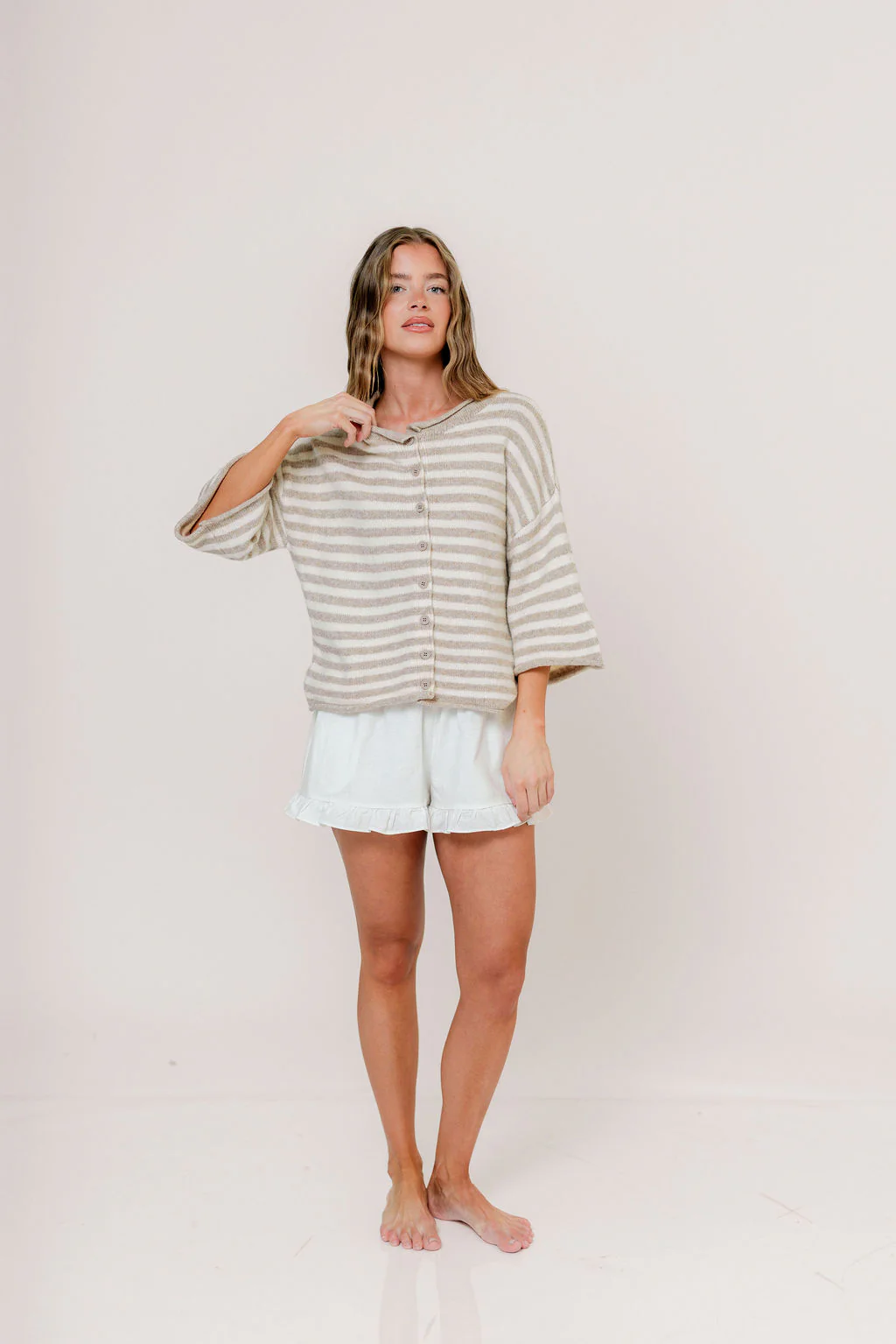 Imogen Striped 3/4 Sleeve Cardigan Top in Taupe Cream - Image 3