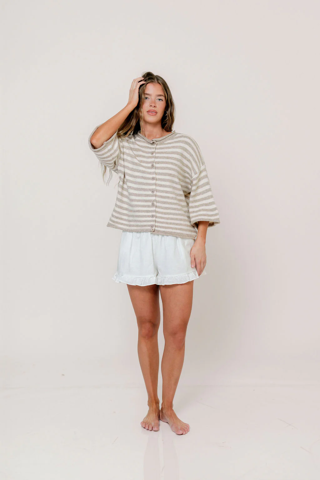 Imogen Striped 3/4 Sleeve Cardigan Top in Taupe Cream - Image 4
