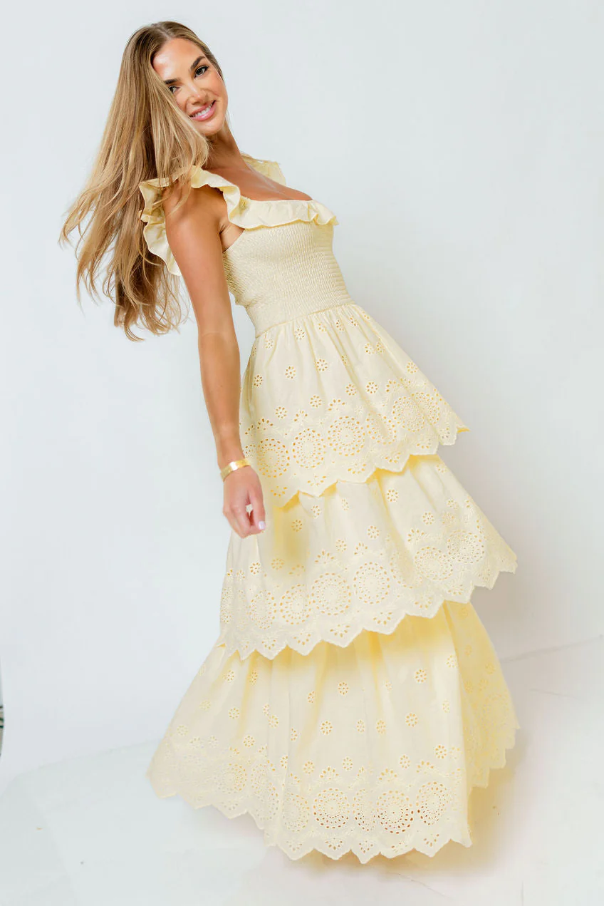 Ashlynn Ruffled Smocked Eyelet Tiered Maxi Dress in Yellow - Image 2