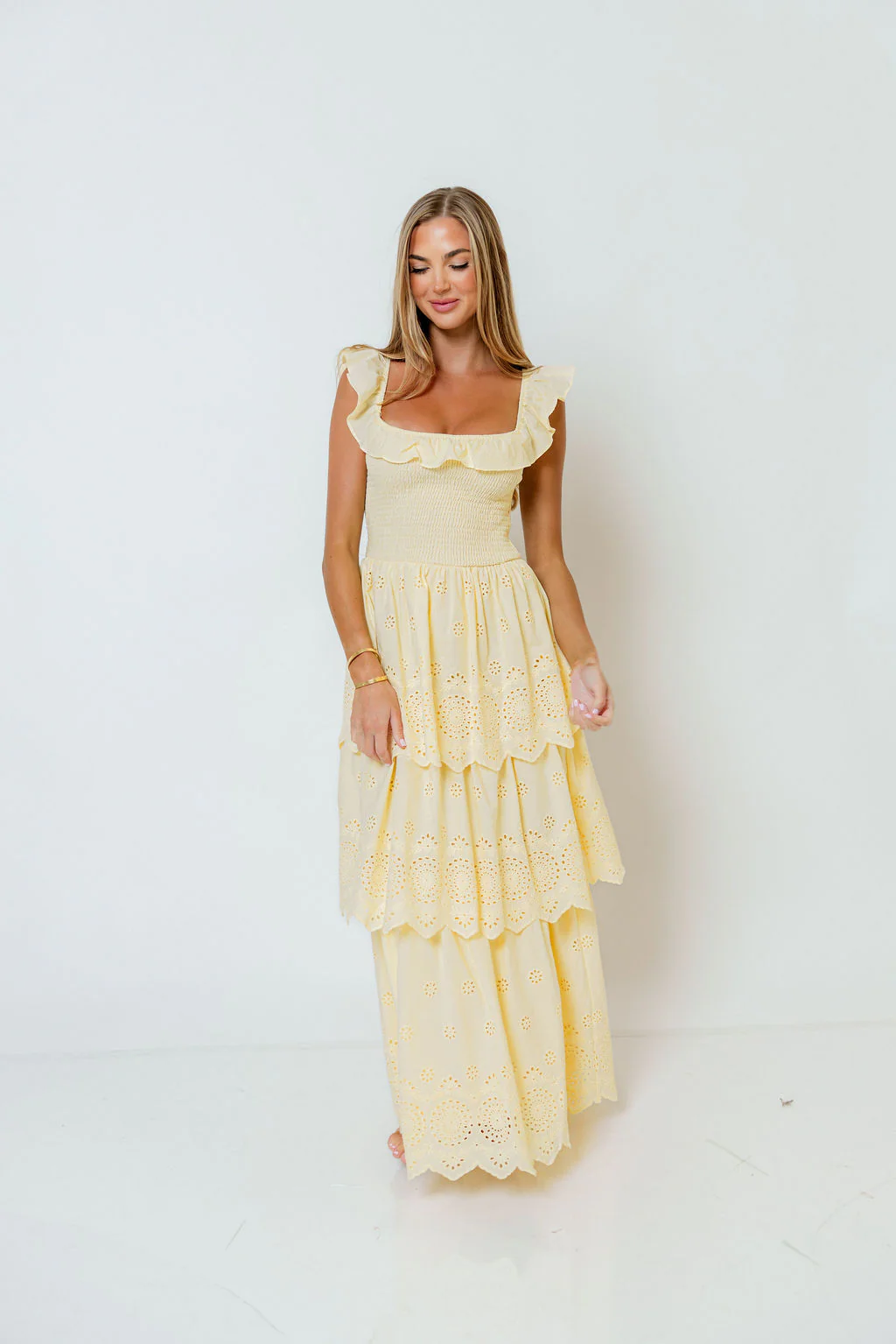 Ashlynn Ruffled Smocked Eyelet Tiered Maxi Dress in Yellow - Image 3