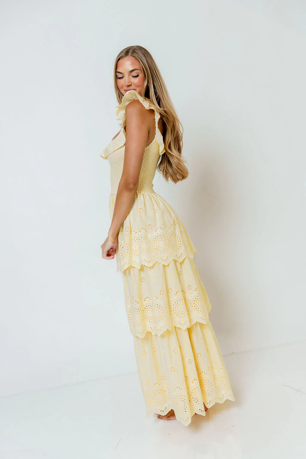 Ashlynn Ruffled Smocked Eyelet Tiered Maxi Dress in Yellow - Image 4