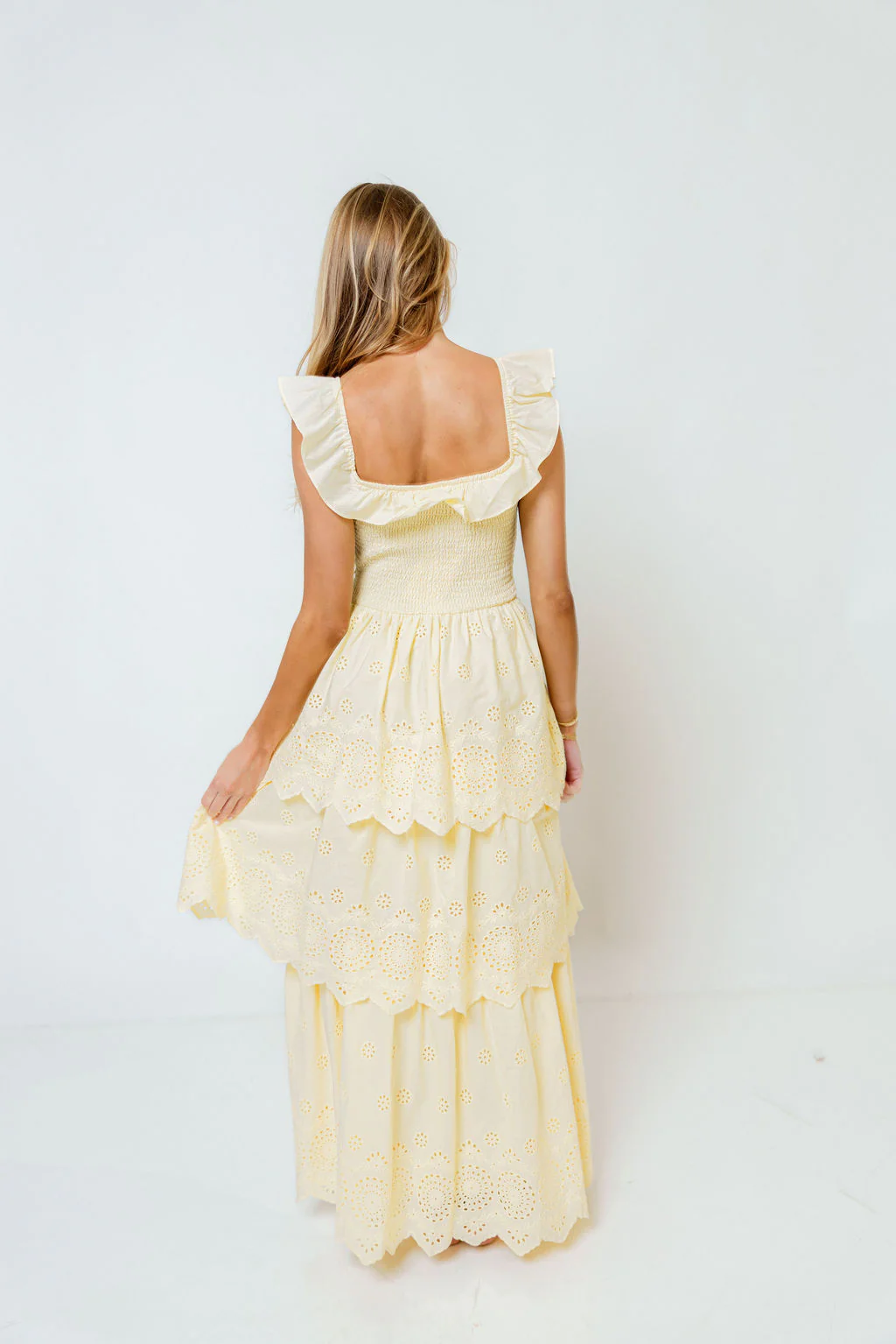 Ashlynn Ruffled Smocked Eyelet Tiered Maxi Dress in Yellow - Image 5