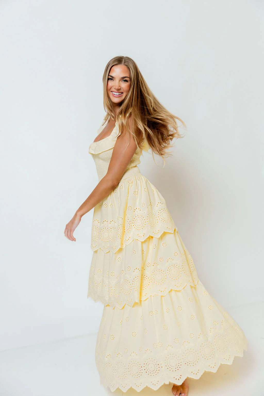 Ashlynn Ruffled Smocked Eyelet Tiered Maxi Dress in Yellow - Image 6