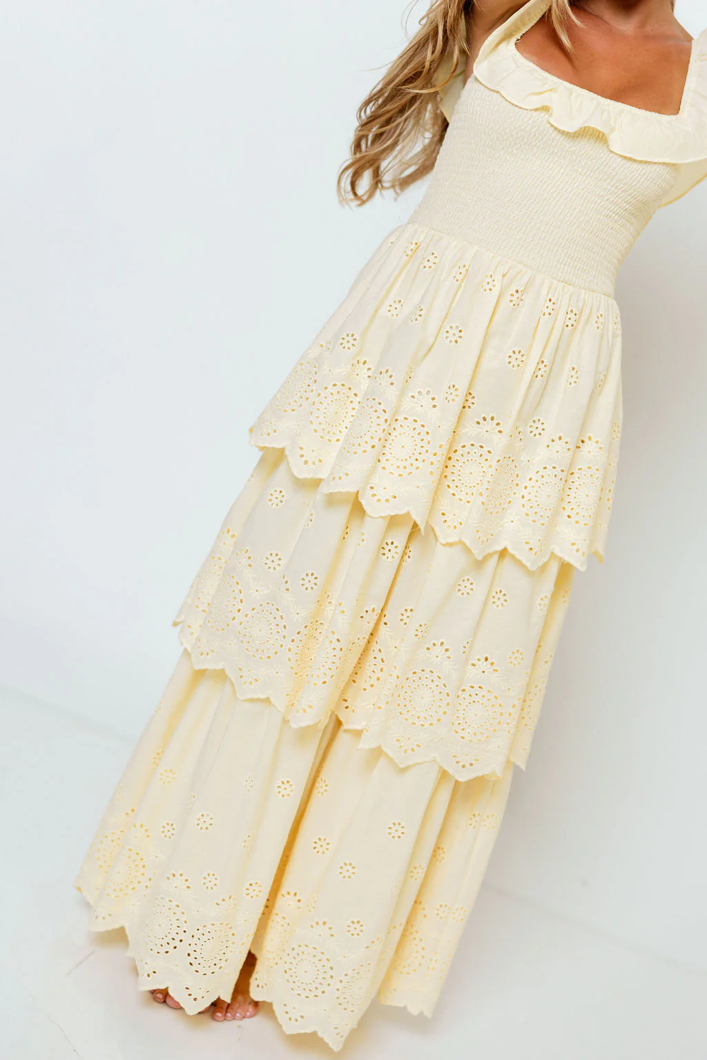 Ashlynn Ruffled Smocked Eyelet Tiered Maxi Dress in Yellow - Image 7